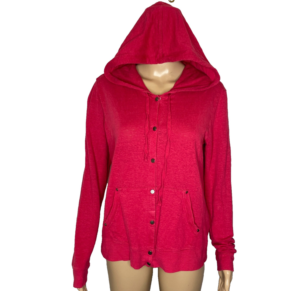 Women's Small Eileen Fisher 100% Linen Pink Hooded Snap Front Long Sleeve Shirt